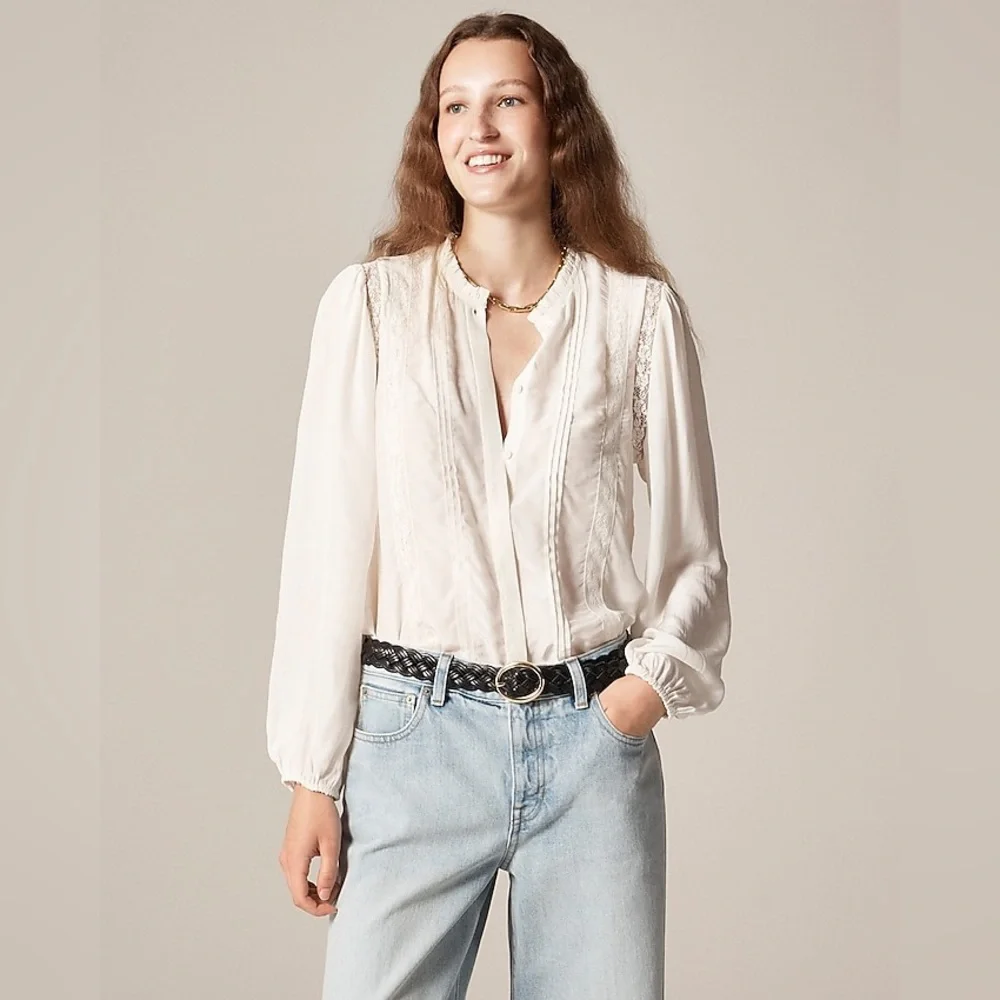 NWT J.Crew Lace Trim Pintuck Top in Crepe de Chine